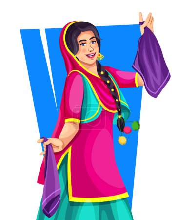 Ilustración de India Punjabi chica feliz disfrutando de la función, fiesta de baile aislar sobre fondo blanco. Chica con traje de tela étnica india y salwar. - Imagen libre de derechos