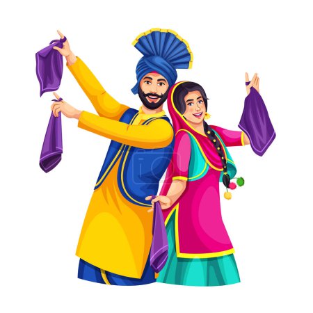 Illustration for Vector illustration of young Punjabi Bhangra dancers in traditional costume. Folklore of Punjab, dance bhangra on occasions of like Lohri or Baisakhi - Royalty Free Image