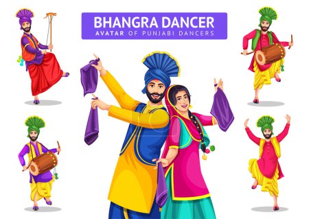 Illustration for Vector illustration of a group of Punjabi Giddha dancers with dhol representing folk dance. Happy Sikh couple, bearded man in turban dancing bhangra dance. Isolated cartoon character set on white background. - Royalty Free Image
