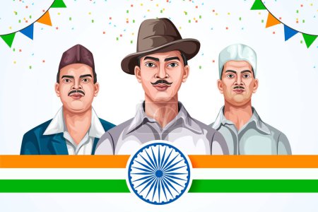 Ilustración de Ilustración vectorial para banner concepto patriótico indio. Retrato de los luchadores indios por la libertad Bhagat Singh, Shivaram Rajguru y Sukhdev Thapar. - Imagen libre de derechos