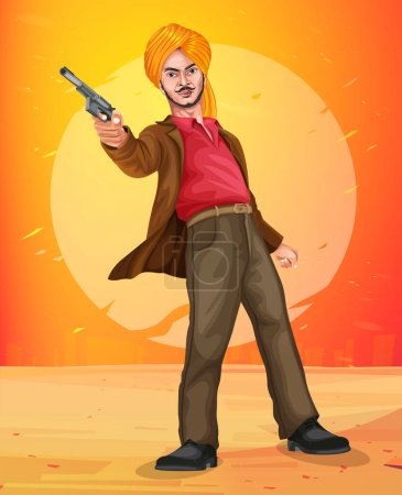 Illustration for Stock vector illustration of vintage India background with Nation Hero and Freedom Fighter Bhagat Singh Pride of India. - Royalty Free Image
