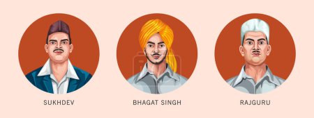 Illustration for Indian freedom fighters Bhagat Singh, Sukhdev, and Rajguru vector illustration. - Royalty Free Image
