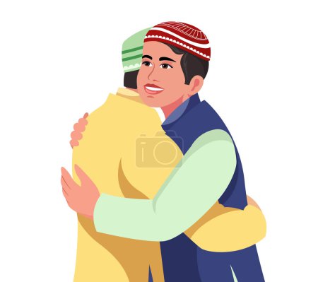 Illustration for Happy Eid celebration illustration, Muslim young boys hugging and wishing each other. Eid ul-Fitr, Eid ul-Adha. Flat character design - Royalty Free Image