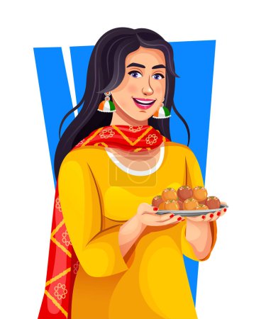 Illustration for Stock vector of a happy Indian young girl holding Indian sweets on the occasion of Independence Day. Celebrating Indian patriotic festivals with Indian sweets in hand. - Royalty Free Image