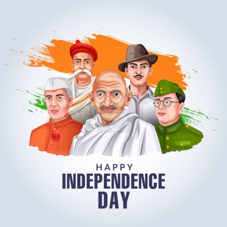 Illustration for Illustration of tricolor banner - Independence Day India celebrations, 15th August with freedom fighters. - Royalty Free Image