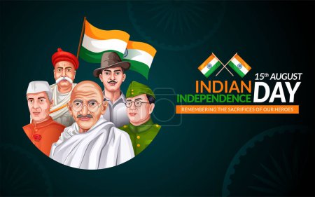 Téléchargez les illustrations : Fête de l'indépendance célébrations Inde, 15 août avec la conception du modèle d'affiche des combattants de la liberté. - en licence libre de droit
