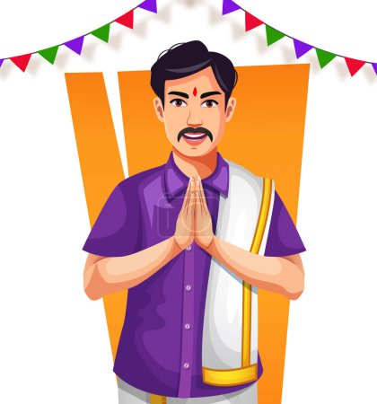 Illustration for Indian man in traditional Indian outfits pray on Diwali. Decorative background vector graphic illustration - Royalty Free Image