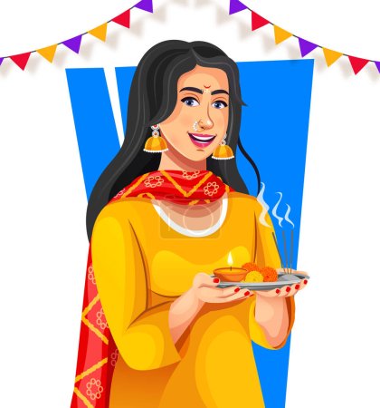 Illustration for Indian woman worshiping god, holding puja thali in hand. Useful for Hindu occasions and festivals - Royalty Free Image