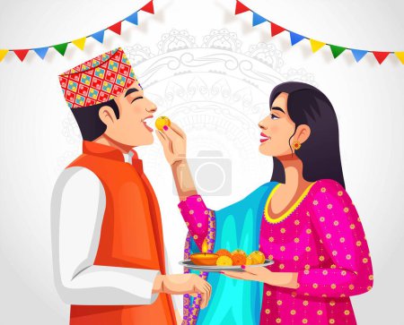 Illustration for Vector background for Bhai Tika or Bhai Tihar a festival in Nepal celebration. Nepali people character design - Royalty Free Image
