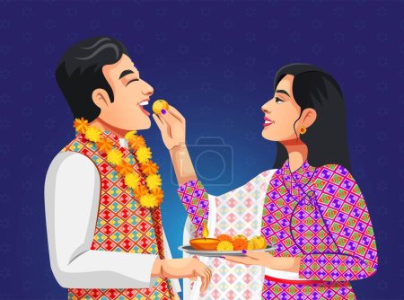 Illustration for Nepalese women apply a seven color Tika on forehead and putting laddu in brother's mouth on the occasion of Bhai Tihar or Bhai Tika wearing traditional ethnic clothes - Royalty Free Image