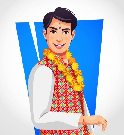 Illustration for Vector side profile of a Nepalese young man posing with Tilak on forehead and marigold string for Bhai Tihar or Bhai Tika a festival of Nepal over a white background - Royalty Free Image
