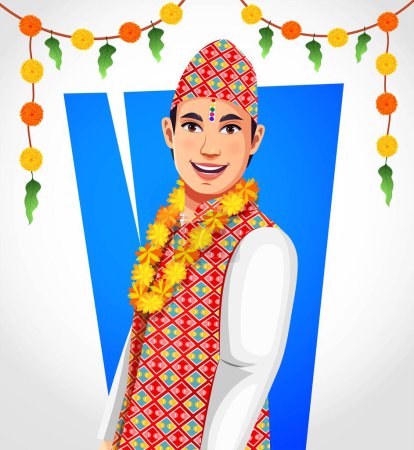 Illustration for Vector side profile of a Nepalese young man posing for Bhai Tihar or Bhai Tika a festival of Nepal over a white isolate decorated background - Royalty Free Image