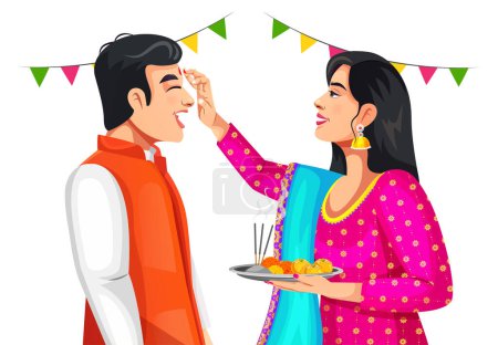 Illustration for Indian woman is giving blessings to the brother by putting tika on his forehead. Both wearing traditional ethnic clothes. Celebrating Indian festival Bhai dooj - Royalty Free Image