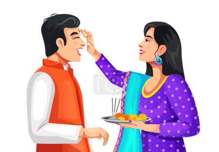 Illustration for Stock vector of sister applying tilak on forehead to brother on Bhai Dooj or Raksha Bandhan - Royalty Free Image