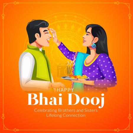 Diseño vectorial de hermano y hermana indios celebrando Happy Bhai Dooj en plantilla de fondo de estilo de arte creativo colorido