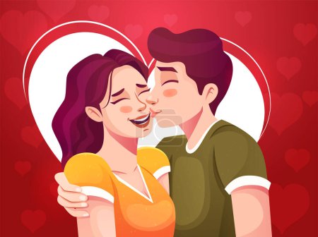 Illustration for Happy elegant stylish couple in love holding hands and kissing in love on red heart texture background. Character design for use in banner, poster, sticker, blogging, and promotion materials - Royalty Free Image