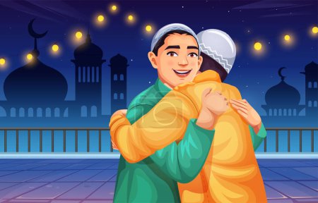 Téléchargez les illustrations : Heureux musulman embrasser sur une affiche de célébration eid-al-fitr avec un fond d'une mosquée islamique et des lumières. Illustration pour cartes de vœux, affiches et bannières. Aïd el-Fitr, Aïd el-Adha - en licence libre de droit