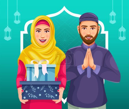 Téléchargez les illustrations : Beau couple musulman souriant vêtu d'une robe traditionnelle. Donner des boîtes-cadeaux arc ruban à l'occasion de l'Aïd isolé, debout dans une pose de salutation - en licence libre de droit