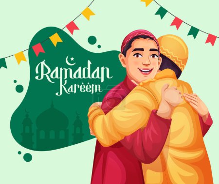 Téléchargez les illustrations : Conception créative de modèle de poteau social Ramadan Kareem avec mosquée, et deux jeunes garçons se souhaitant une bonne Aïd - en licence libre de droit