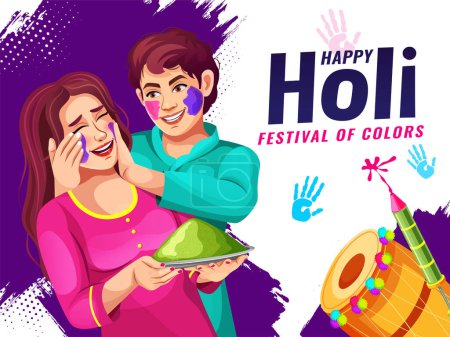 Illustration for Happy Holi Festival Of Colors Illustration Colorful Gulal with happy Holi typography. Young people Playing Holi On Ethnic costumes. For poster, banner, and template. Character design - Royalty Free Image