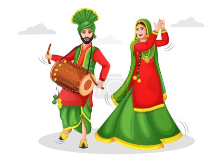 Téléchargez les illustrations : Joyeux festival Lohri du Pendjab Inde concept de célébration fond. Illustration vectorielle d'un couple jouant de la danse Lohri. Illustrations de personnes heureuses excitées célébrant le Lohri. Couple punjabi - en licence libre de droit