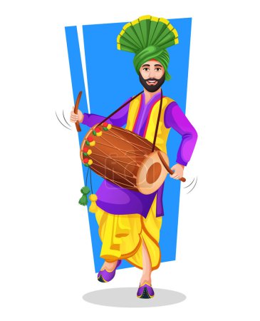 Illustration for Hand drawn Punjabi Bhangra dancer with dhol in national clothes performing a folk dance step with hand gestures illustration for occasion like Lohri or Baisakhi festival - Royalty Free Image