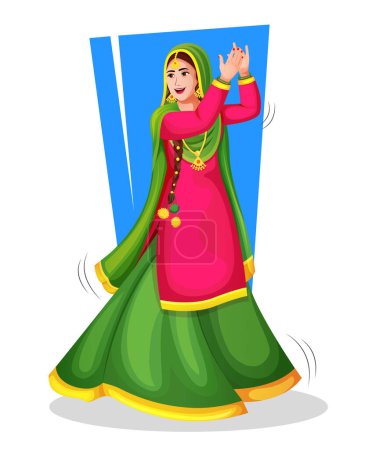 Illustration for A Punjabi Giddha dancer in national clothes performing a folk dance step with hand gestures. Vector illustration isolated on white. Playing Lohri dance. Illustrations of excited happy Girl - Royalty Free Image