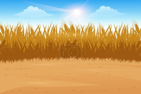 Rural village landscape with a field of wheat and sun in the sky. Vector Illustration of a Wheat Field at Sunset