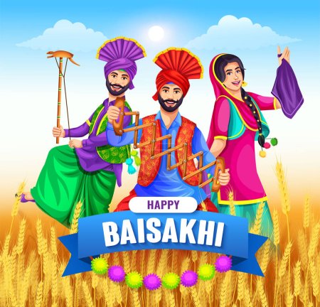 Illustration for Illustration of Happy Baisakhi Celebration, greeting card, invitation card, the banner, festival of Punjab India. Group of people doing the Bhangra dance - Royalty Free Image