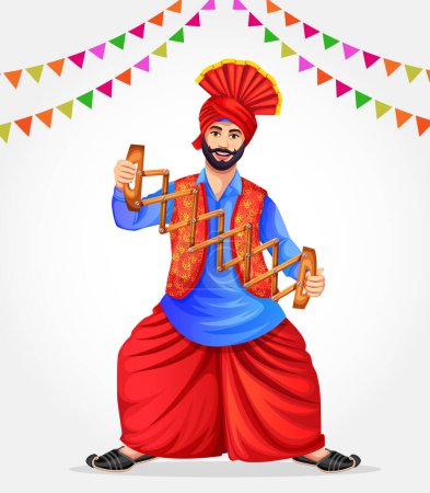 Illustration for A Bhangra dancer performs folk dance with the Bhangra Scissor Saap. Wearing ethnic Punjabi clothes. Sikh Punjabi man dancing folk dance bhangra on occasion like Lohri or Baisakhi - Royalty Free Image