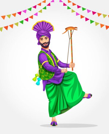 Illustration for A Bhangra dancer performs a folk dance with the string of Kato. Wearing ethnic Punjabi clothes. Sikh Punjabi man dancing folk dance bhangra on occasion like Lohri or Baisakhi - Royalty Free Image