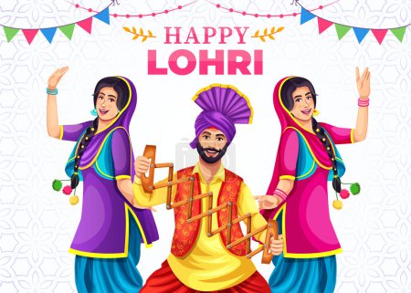 Illustration for Happy Lohri festival of Punjab India background. Group of people doing bhangra dance. Vector illustration banner design template - Royalty Free Image