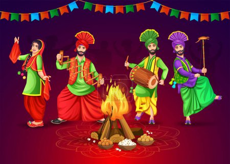 Illustration for Happy Lohri celebration concept with Punjabi dancers playing bhangra sapp instruments over a bonfire - Royalty Free Image