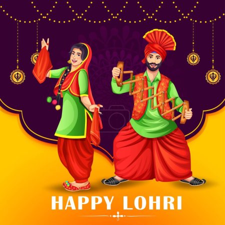 Ilustración de Feliz festival Lohri de Punjab India concepto de celebración diseño de banner. Ilustración vectorial de pareja jugando danza Lohri. Ilustraciones de gente feliz emocionada celebrando el Lohri - Imagen libre de derechos