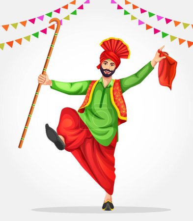 Illustration for A Bhangra dancer performs folk dance with Punjabi bhangra prop khunda or daang. Wearing ethnic Punjabi clothes. Sikh Punjabi man dancing folk dance bhangra on occasion like Lohri or Baisakhi - Royalty Free Image