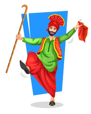 Illustration for A Punjabi Bhangra dancer with bhangra prop khunda or daang performing a folk dance step with hand gestures. Vector illustration isolated on white. Playing Lohri or Baisakhi dance - Royalty Free Image