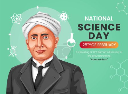Illustration vectorielle de C. V. Raman, célébration de la Journée nationale de la science indienne, bannière avec modèle de fond d'équipement de laboratoire