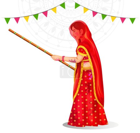 Téléchargez les illustrations : Les femmes battent les hommes avec des bâtons de bambou dans le cadre du rituel Lathmar Holi. Holi est le festival religieux le plus célèbre en Inde - en licence libre de droit