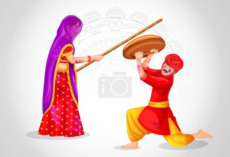 Happy Holi Indian festival. Frauen schlagen Männer mit Bambusstöcken als Teil des Lathmar Holi Rituals, Lathmar Holi Feier Vektor Illustration