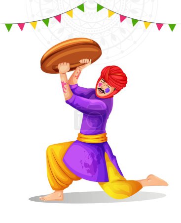 Happy Holi Indian festival. Eine einzigartige und spielerische Feier, bei der Frauen Männer als Ritual spielerisch mit Stöcken schlagen. Lathmar Holi Feier Vektor Illustration