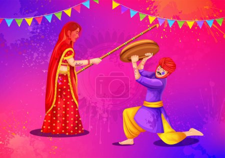 Téléchargez les illustrations : Joyeuse fête indienne Holi. Les femmes battent les hommes avec des bâtons de bambou dans le cadre du rituel Lath mar Holi, illustration vectorielle de célébration Lathmar Holi - en licence libre de droit