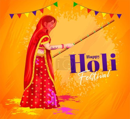 Vector illustration of colorful promotional background for Festival of Colors Holi. Lathmar Holi celebration vector illustration