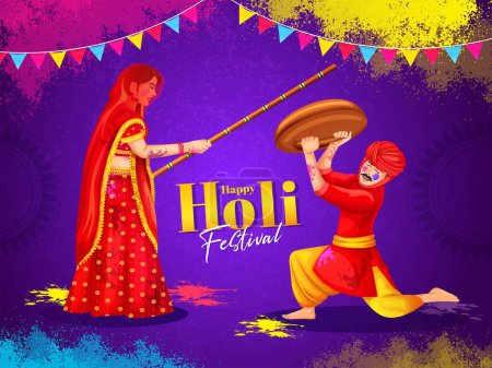 Téléchargez les illustrations : Illustration vectorielle de fond promotionnel coloré pour Festival of Colors Holi. Illustration vectorielle de célébration de Lathmar Holi - en licence libre de droit
