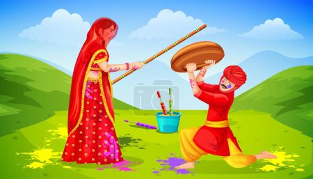 Téléchargez les illustrations : Conception vectorielle des Indiens célébrant le festival des couleurs de l'Inde Lathmar Holi. Joyeux Holi célébration - en licence libre de droit