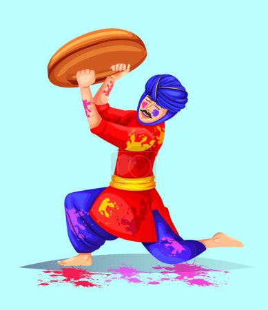 Man tries to save him with a shield, to celebrate the festival of India Lathmar Holi. Lathmar Holi celebration character design