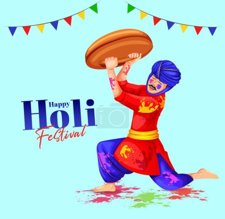 Téléchargez les illustrations : Les Indiens joyeux célèbrent la fête des couleurs de l'Inde Holi avec plein de bonheur. Lathmar Holi affiche célébration design - en licence libre de droit