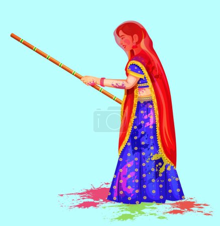 Téléchargez les illustrations : Illustration vectorielle des femmes debout avec des bâtons alors qu'elles se préparent à célébrer le rituel Lath mar Holi. Lathmar Holi célébration conception de caractère - en licence libre de droit