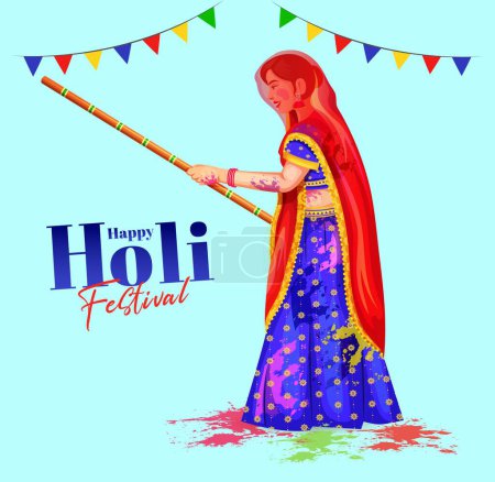 Vector illustration of Women standing with sticks as they prepare to celebrate Lath mar Holi Ritual. Lathmar Holi celebration poster design