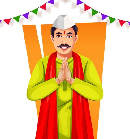 Smiling Marathi Indian man greeting, standing in a greeting pose to Namaste hands, isolated on white background, a man wearing kurta dhoti. Avatar Vector illustration. Tradition and Fashion of India