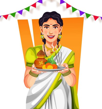 Indian women wearing traditional attire carrying puja thali in hand performing Gudi Padwa or Ugadi puja. Useful for Hindu occasions and festivals
